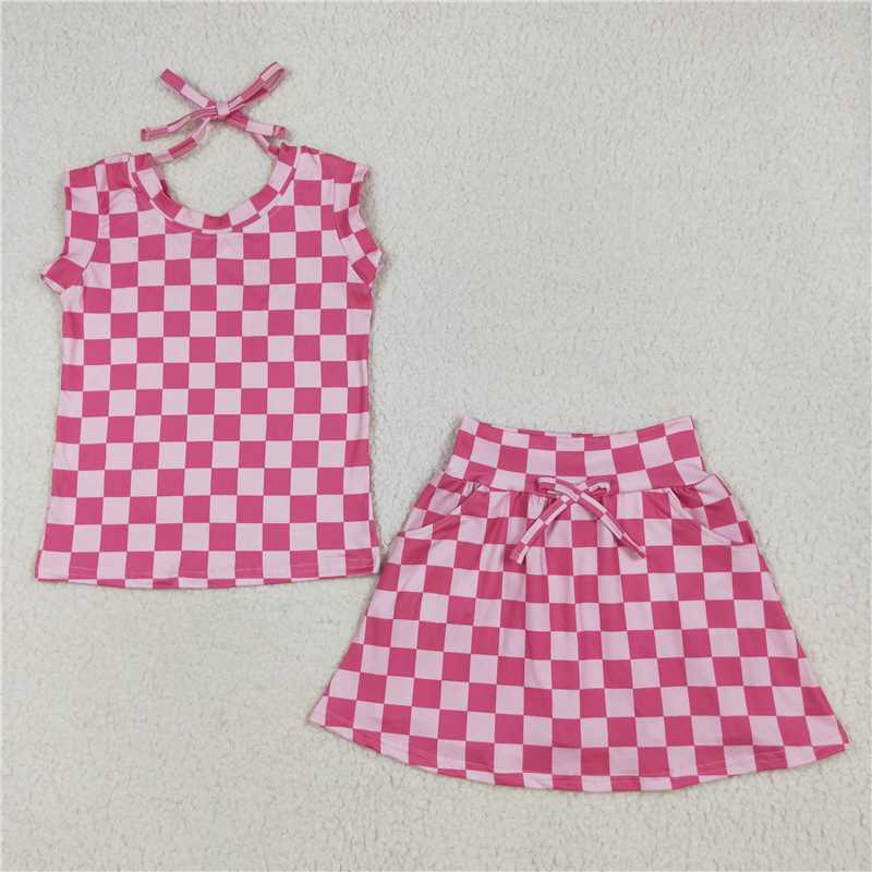 6.23 GSD2584 Rose red plaid lace sleeveless pants skirt suit