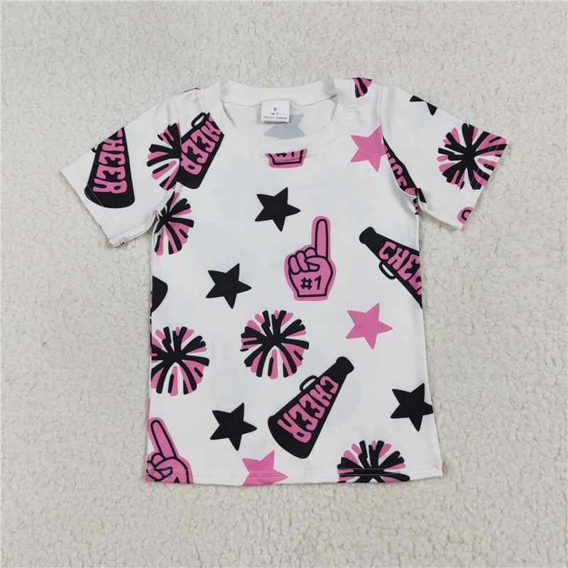 7.8 GT0994 Cheer pink, black, fireworks, stars, white short-sleeved top