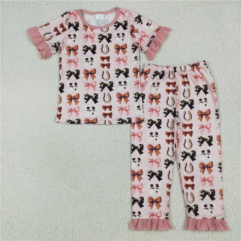 7.8 GSPO2035 Bow pattern pink lace short-sleeved trousers pajama set