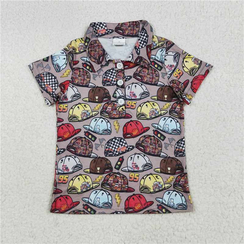 7.25 BT1228 cars cartoon car hat brown button short-sleeved top