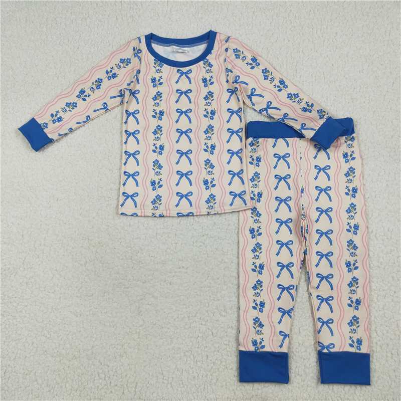 7.24 GLP2505 Flower wave line blue bow pattern long sleeve long pants pajamas set