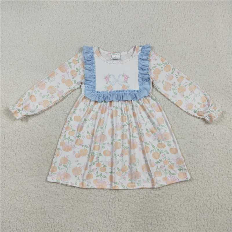7.24 GLD1084 Pumpkin leaf blue bow pattern lace white long-sleeved dress