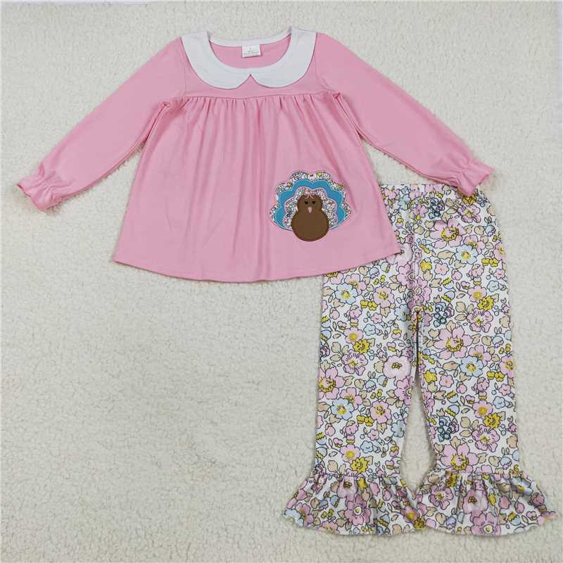 X8.16 GLP2409 Pink long-sleeved floral trouser suit with embroidered turkey collar