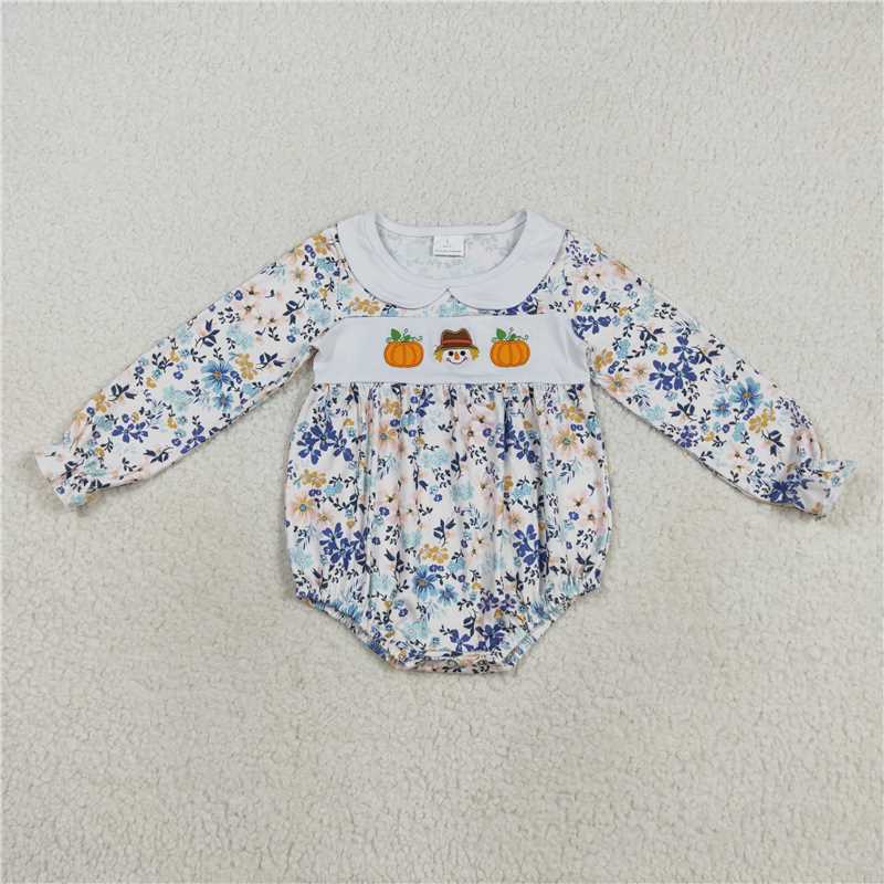 X916 LR2246 Embroidered pumpkin scarecrow, flowers, and leaves, long-sleeved bodysuit with a doll collar