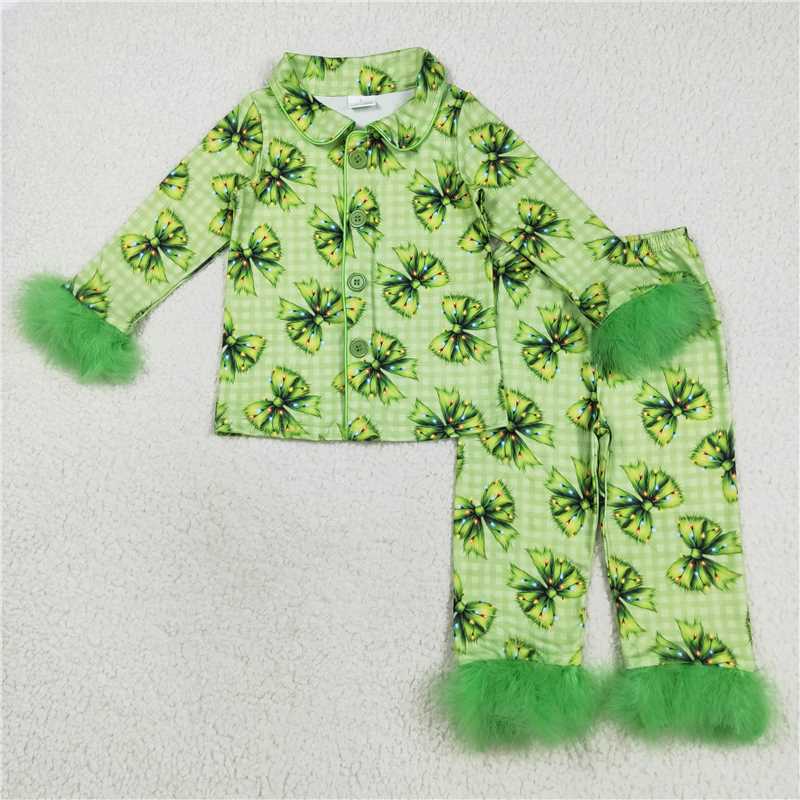 X828 GLP2581 Green plaid long-sleeved trousers pajama set with a festoon bow pattern and plush trim