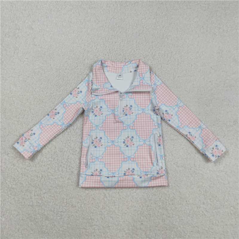 X828 GT1062 Floral Plaid Bow Pattern Yoga Zipper Long-Sleeved Top)