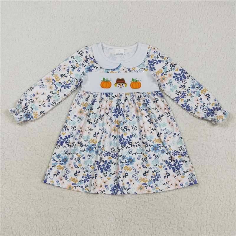 X828 GLD1071 Embroidered Pumpkin Scarecrow, Flowers, and Leaves Long-Sleeved Doll Collar Dress