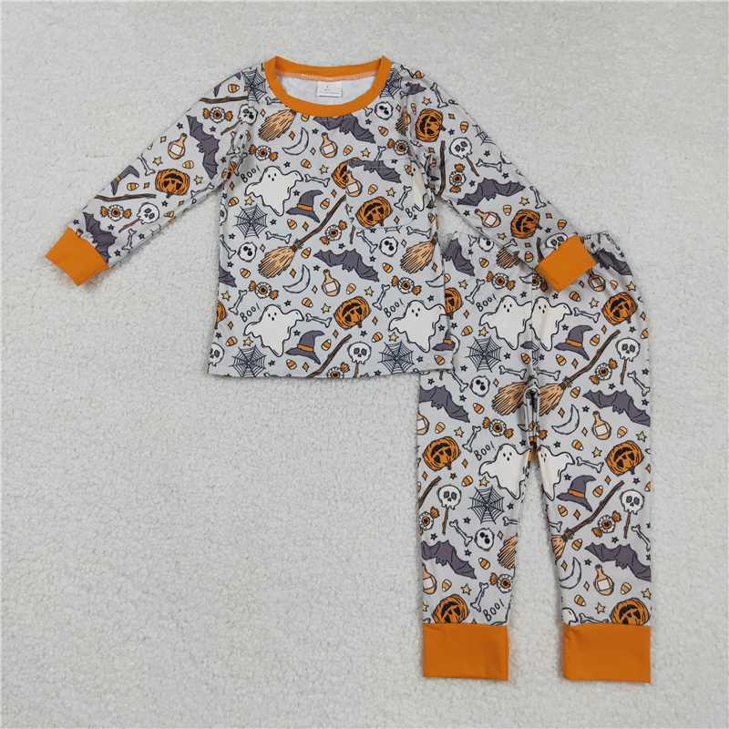 X830 BLP1147 Halloween Pumpkin Ghost Bat Broom Long Sleeve Pants Pajama Set