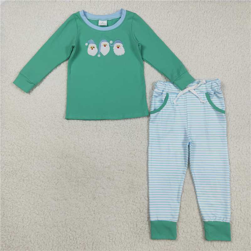 X830 BLP1168 Embroidered Santa Claus Green Long-Sleeve Blue Striped Pants Set