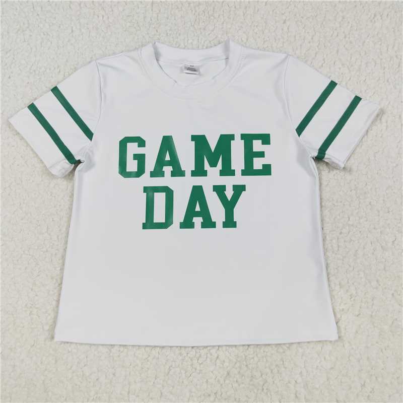 X828 GT1103 Game Day white yoga short-sleeved top with green offset lettering and stripes