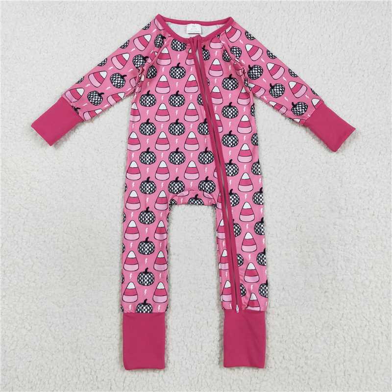 X829 LR2467 Halloween Plaid Pumpkin Candy Lightning Rose Red Zipper Long Sleeve Bodysuit