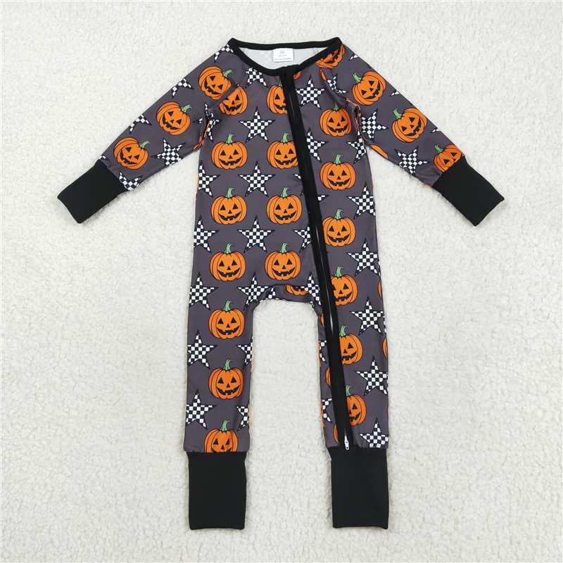 X830 LR2464 Halloween Star Pumpkin Gray Zippered Long-Sleeved Bodysuit