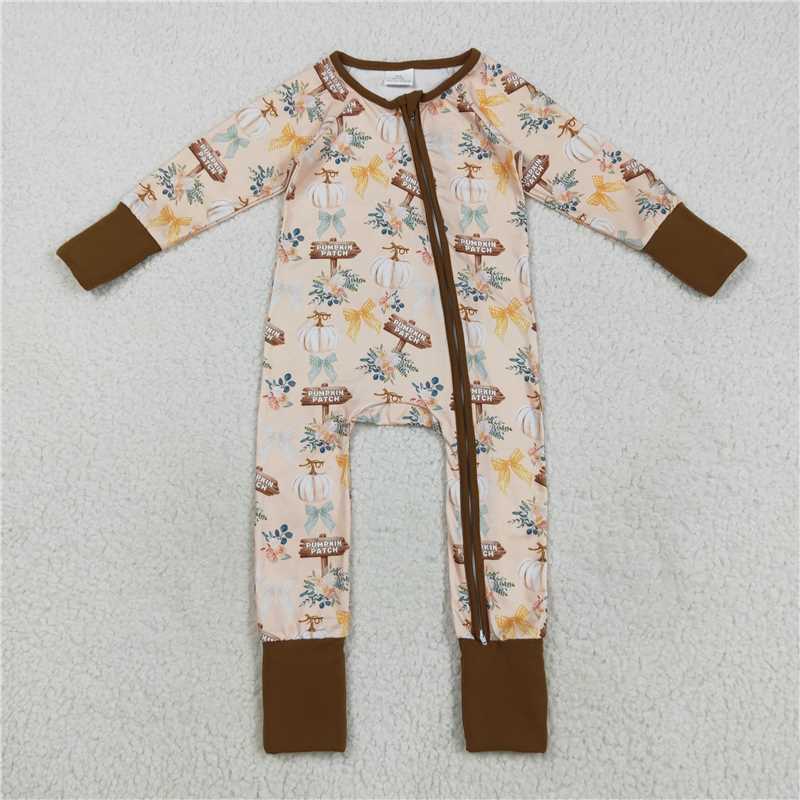 X829 LR2462 Pumpkin patch bow pattern yellow-brown zip-up long-sleeved bodysuit