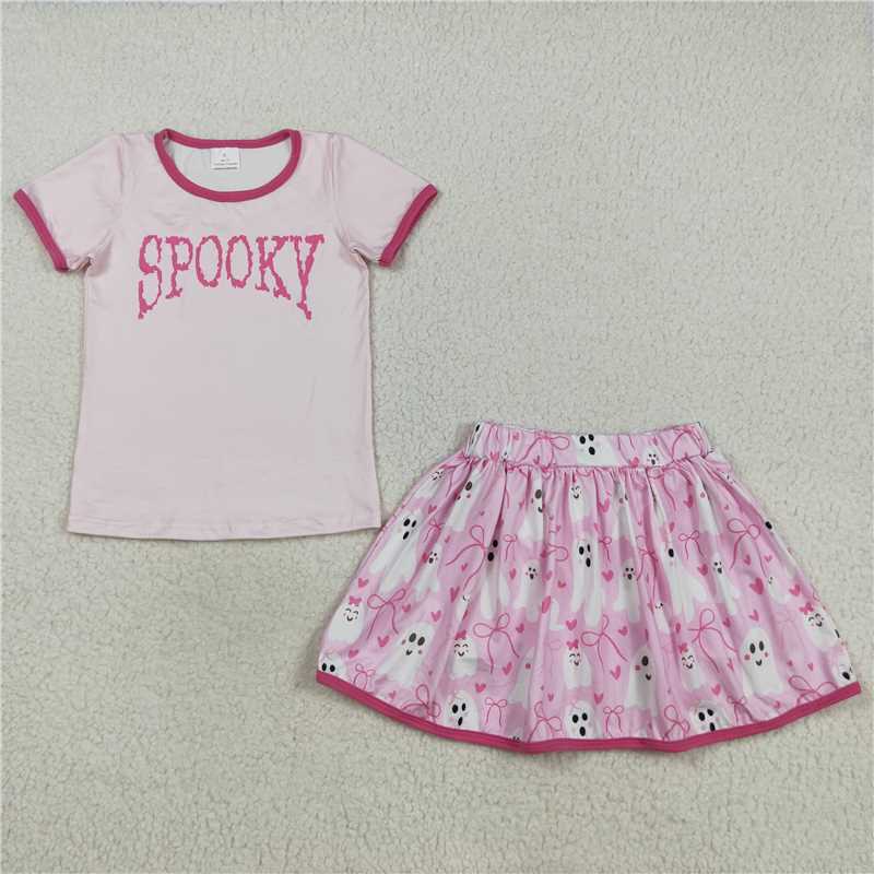 X916 GSD2776 Spooky short-sleeved pink skirt set with a ghostly heart and bow pattern