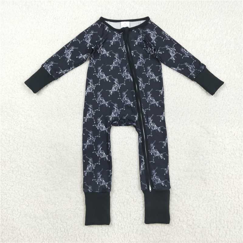 X830 LR2466 Halloween Skull Denim Black Zipper Long Sleeve Bodysuit