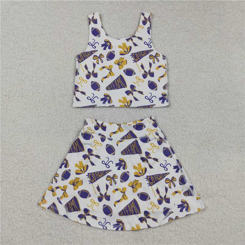 X829 GSD2690 Go Fight Purple Flared Bow Pattern Sleeveless Skirt Yoga Set