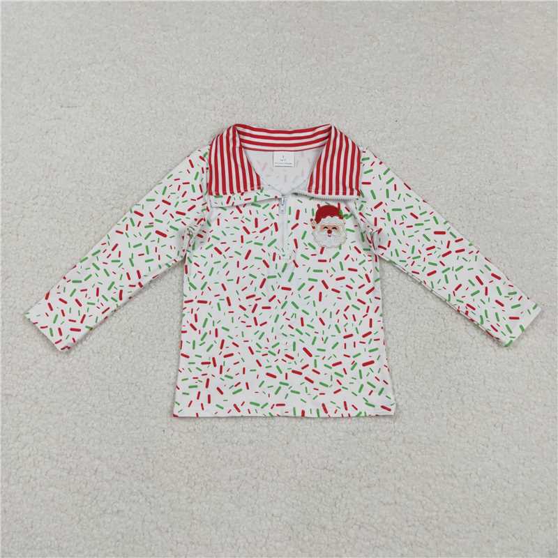 X901 BT1294 Embroidered Ice Cream Santa White Zipper Long-Sleeved Top