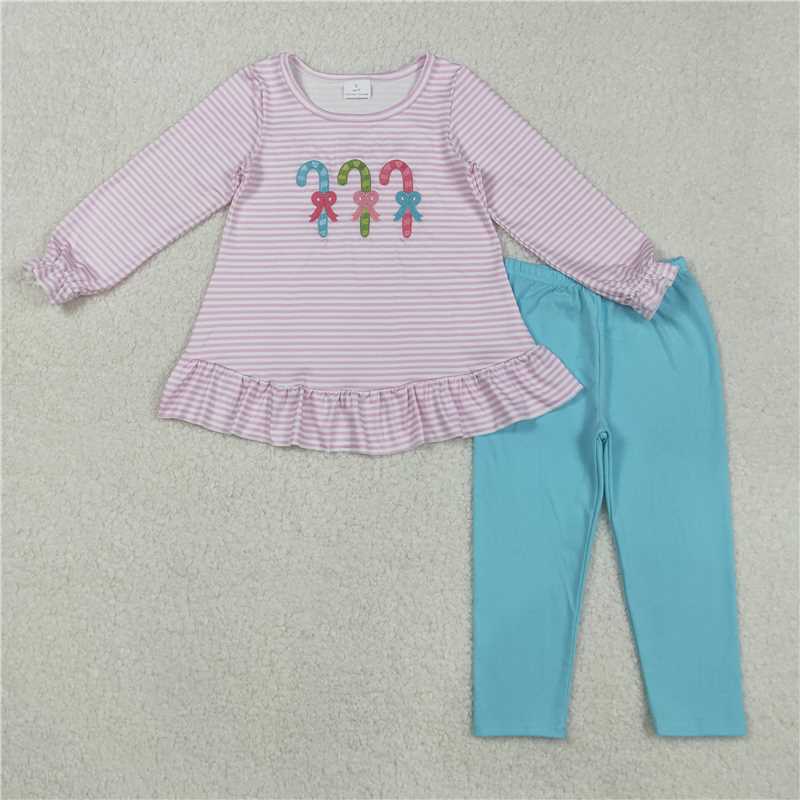 X829 GLP2468 Embroidered bow-knot cane striped long-sleeved blue pantsuit
