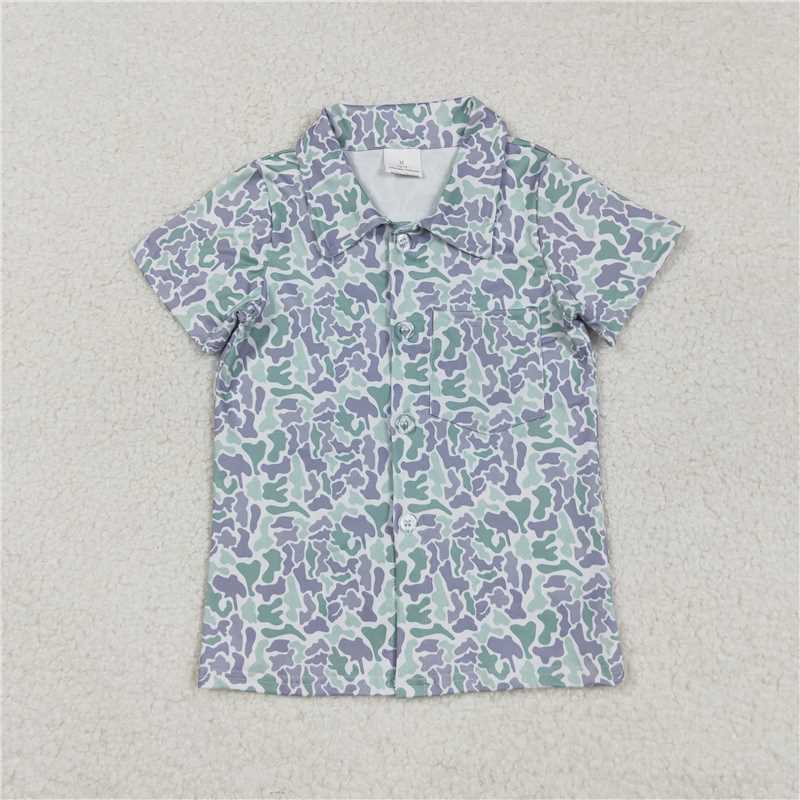 X830 BT1299 Puppy Grass Beige Button-Neck Short-Sleeved Top