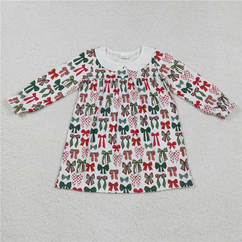X828 GLD1237 Christmas bow patterned long-sleeved dress with a doll collar