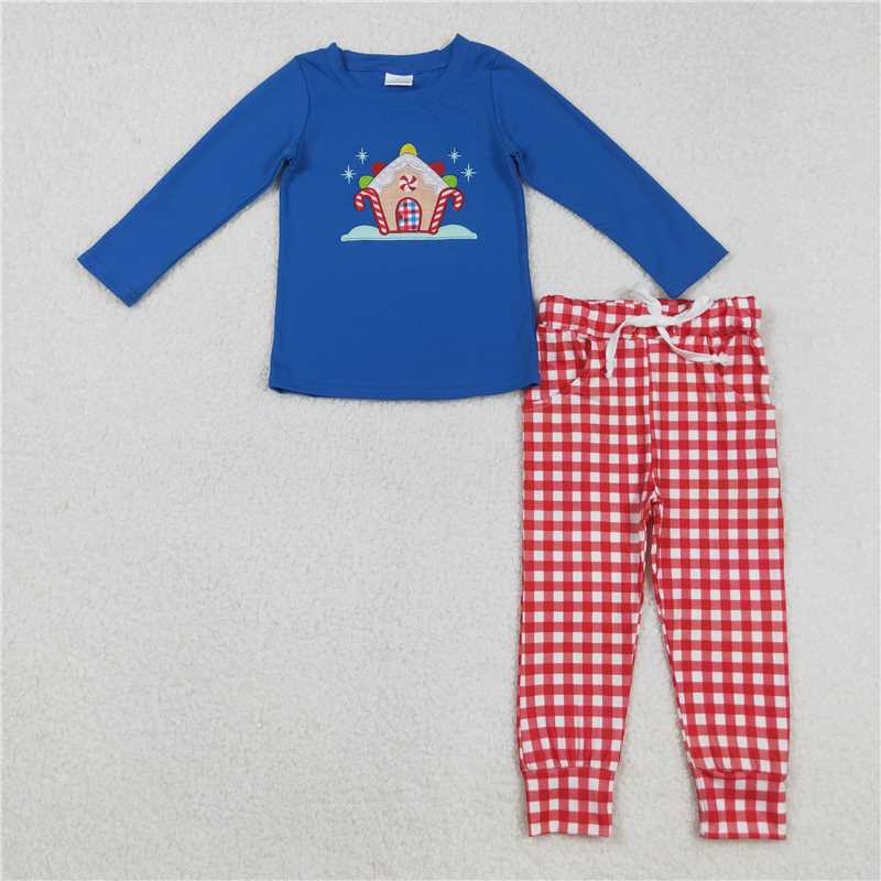 X830 BLP1151 Embroidered Christmas Candy Cane House Blue Long-Sleeve Red Plaid Pants Set