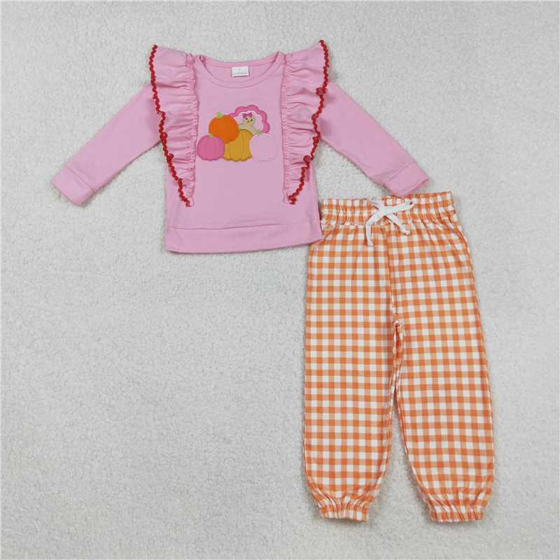 X901 GLP2442 Embroidered turkey pumpkin pink lace long-sleeved orange plaid trouser suit
