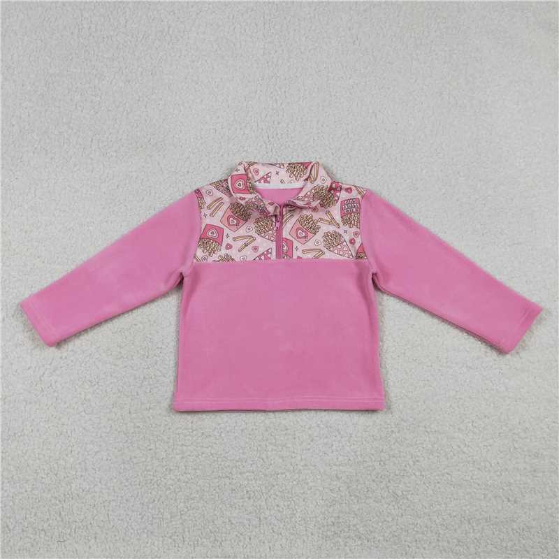 X12.26 GT1504 Fries Letter Fries Heart Pink Plush Zipper Long-Sleeve Top