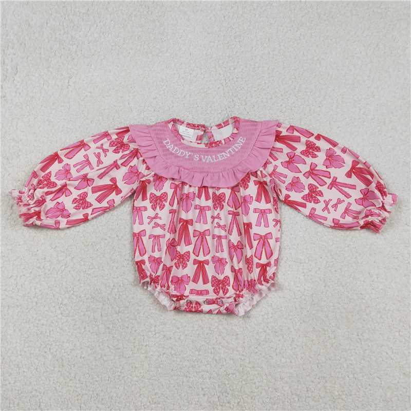 X12.27 LR2842 Embroidered Daddy's Valentine Rose Red Bow Pattern Lace Long-Sleeved Jumpsuit