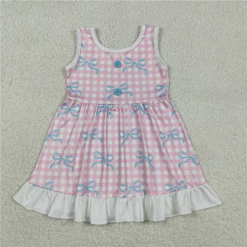X1.7 GSD3145 Blue Bow Pattern Pink Plaid Button Sleeveless Dress