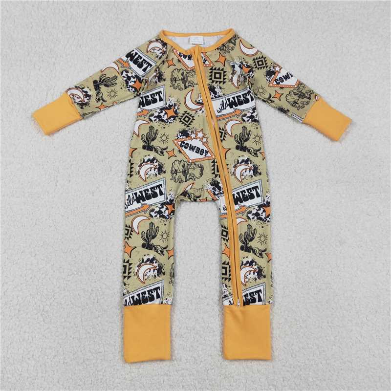 X1.5 LR2942 Cowboy Geometric Cactus Orange-Green Zipper Long-Sleeve Jumpsuit