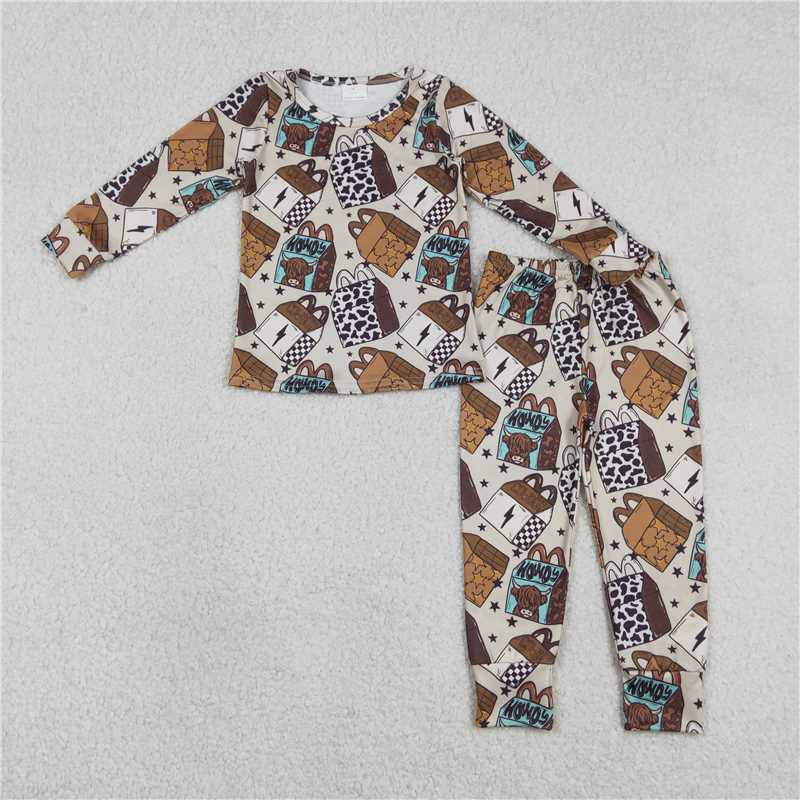 X1.1 BLP1414 Howdy Alpine Bull Head Box Star Brown Long-Sleeved Pants Pajama Set