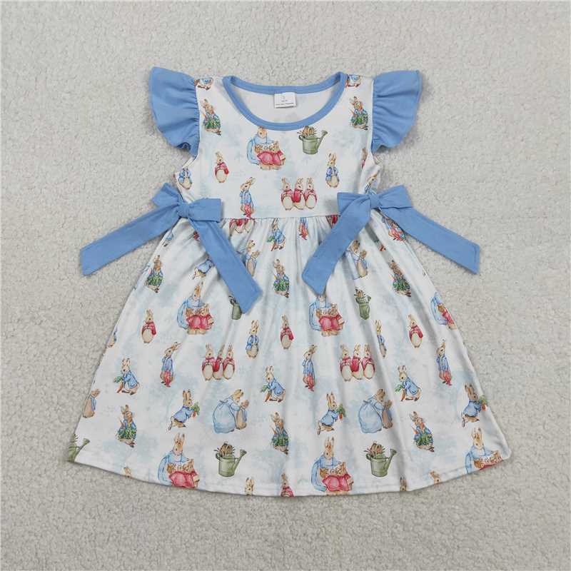 X1.17 GSD3452 Easter Bunny Blue Bow White Flutter Sleeve Dress