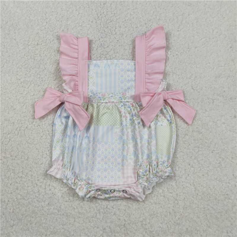 SR3675 Floral print, plaid, striped, pink lace-trimmed, bow-tie vest/bodysuit