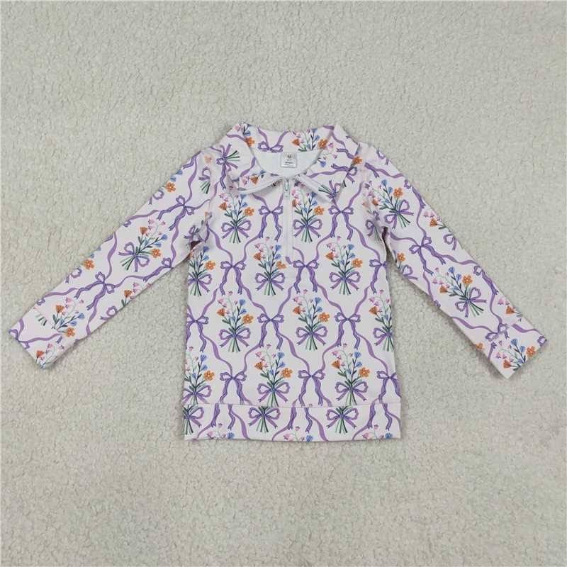 GT1371 Floral Purple Bow Pattern Plaid Zipper Yoga Long-Sleeve Top