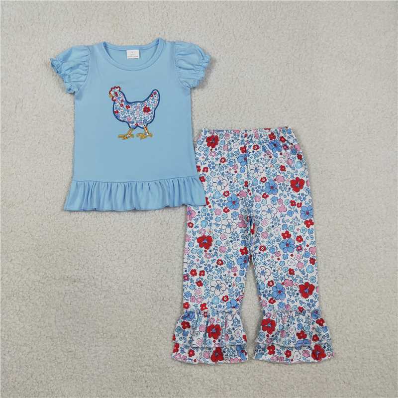 GSPO2261 Embroidered Colorful Flowers and Chicks Blue Lace Short-Sleeve and Pants Set