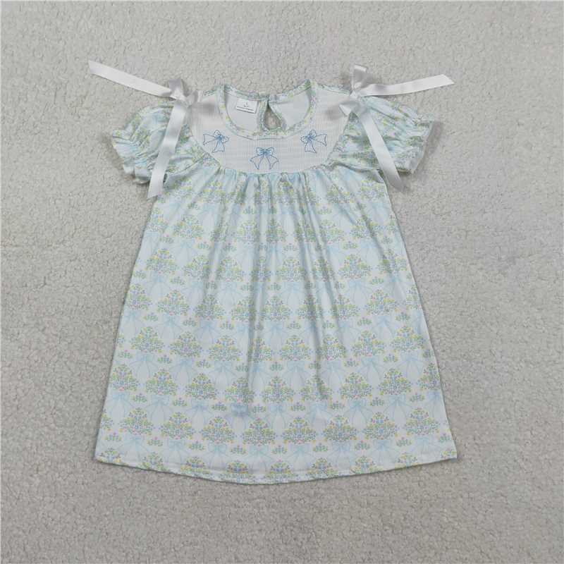 GSD3046 Embroidered Floral and Bow Pattern Vertical Striped Short-Sleeve Dress