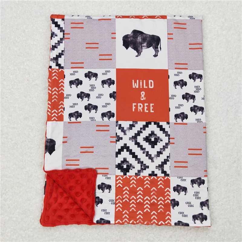 4.21BL0072 wild & free bull letter geometric pattern orange gray plaid baby blanket