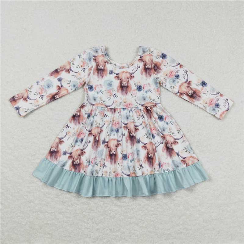 GLD0412 Alpine bull head flower blue lace long-sleeved dress