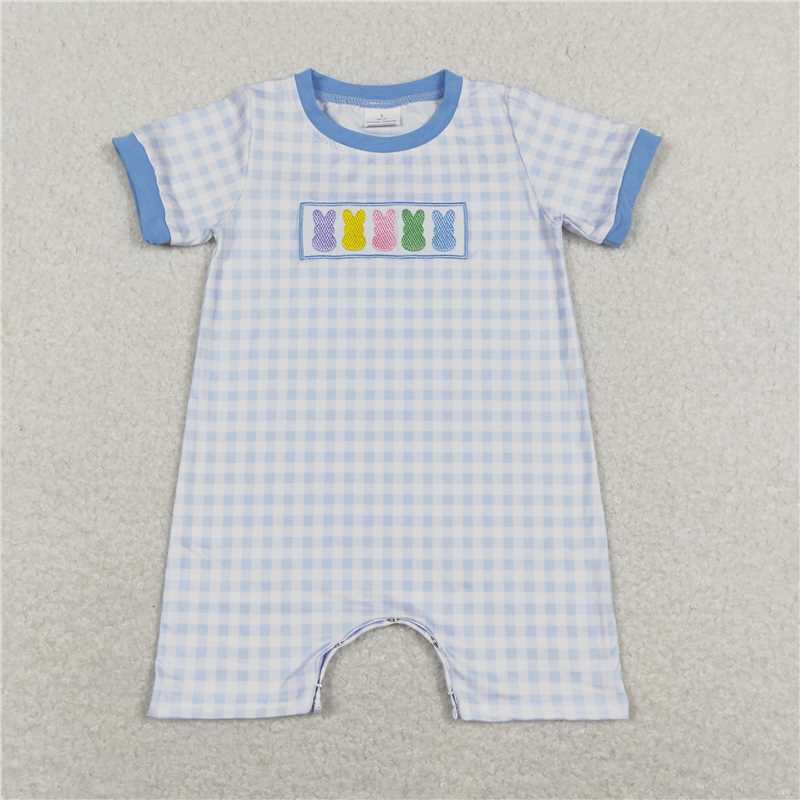 SR0690 Embroidered colorful bunny blue and white plaid shorts jumpsuit