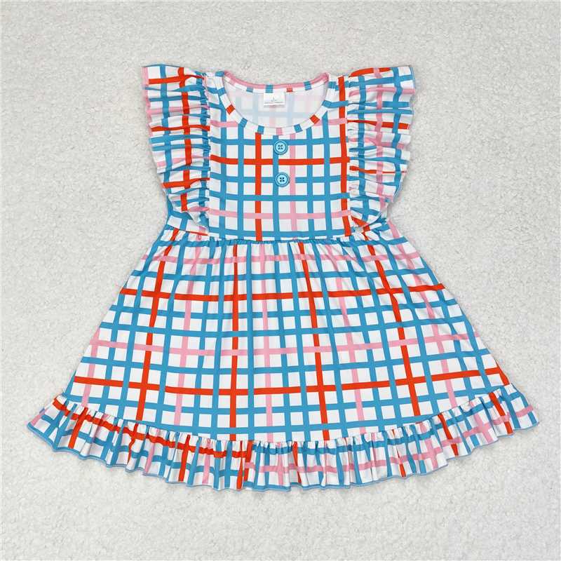 GSD1331 Colorful plaid lace button sleeveless dress