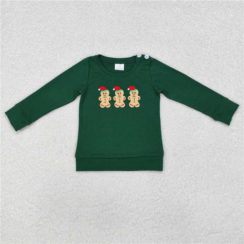 BT0817 Embroidered gingerbread man green long-sleeved top