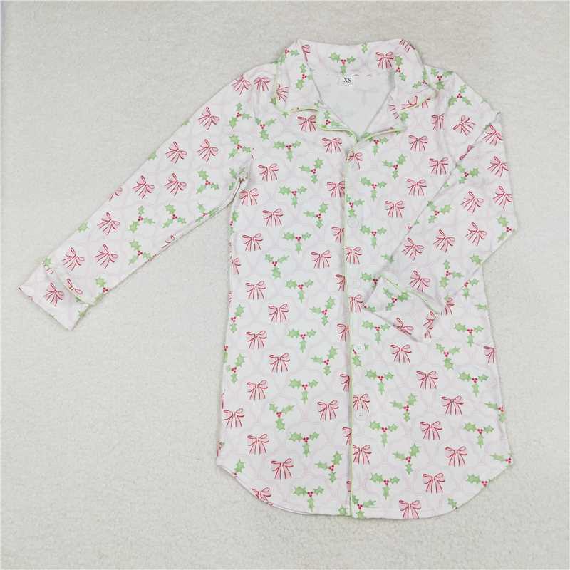 GT0661 Adult female pink bow pattern leaf white long-sleeved top