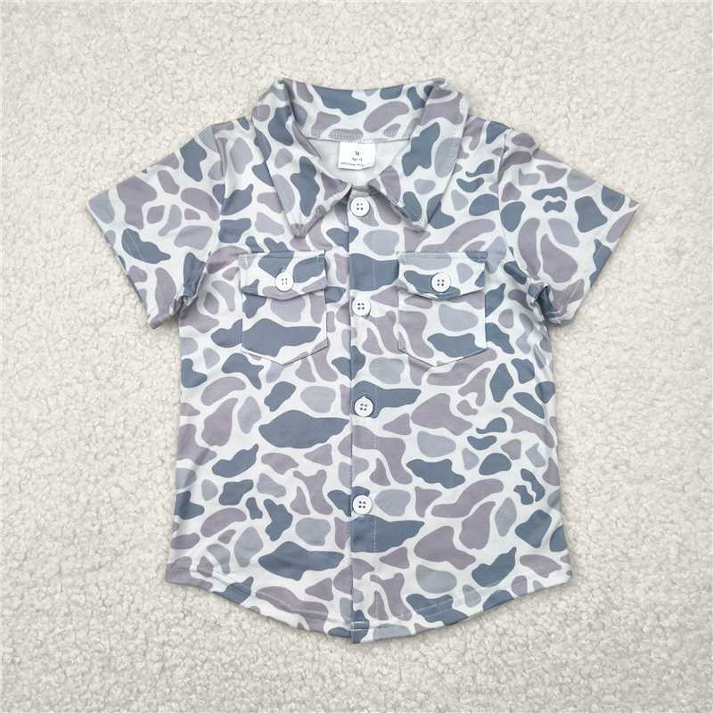5.7 BT1202 Gray camouflage pocket button short-sleeved top