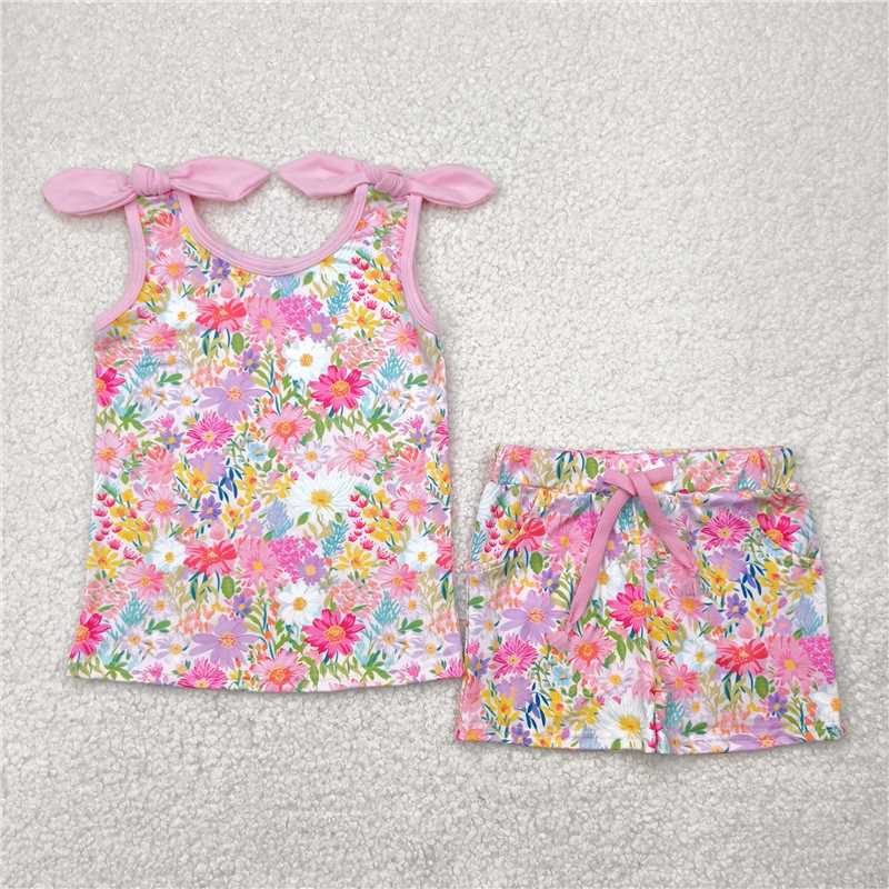 5.1 GSSO2551 Colorful flower pink sleeveless shorts set