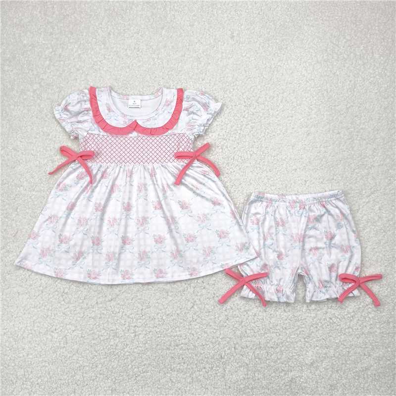 5.2 GSSO2368 Embroidered flower blue bow pattern pink plaid doll collar short-sleeved shorts suit