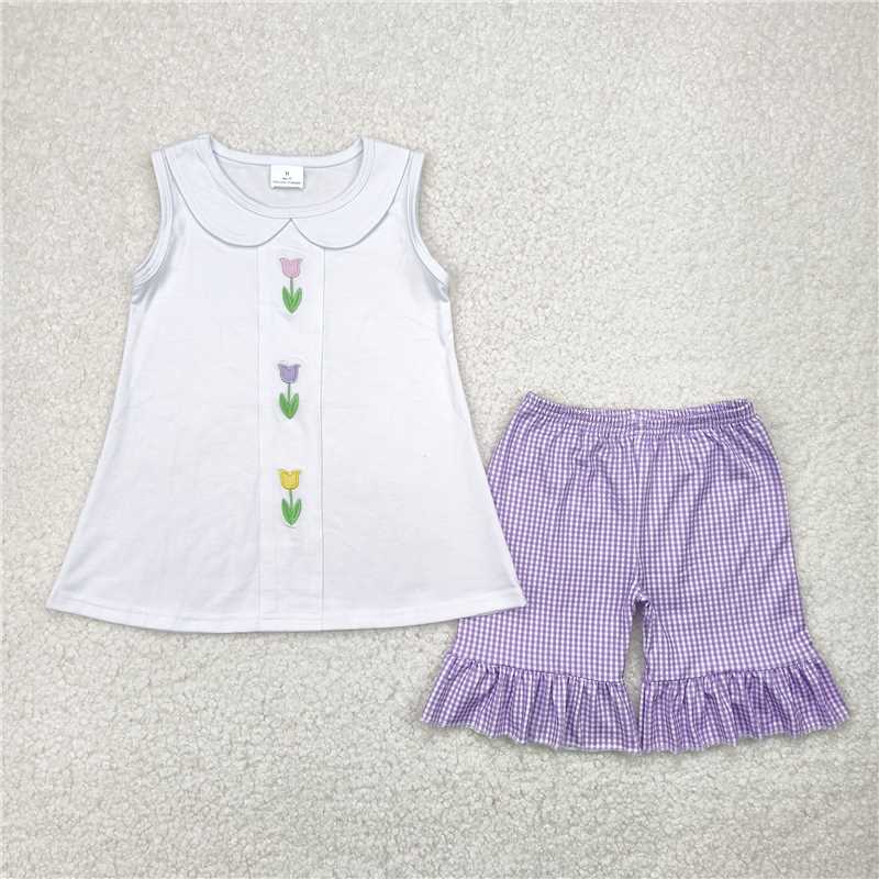 5.2 GSSO2276 Embroidered tulip flower doll collar white sleeveless purple plaid shorts suit