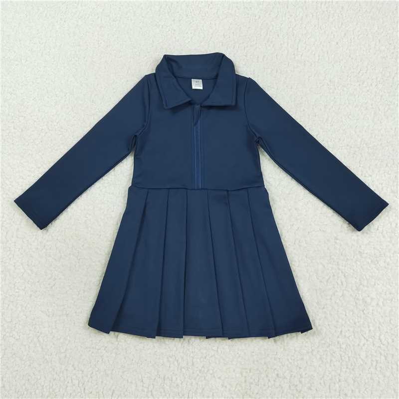 8.7 GLD1151 Solid navy blue zippered long-sleeved yoga dress