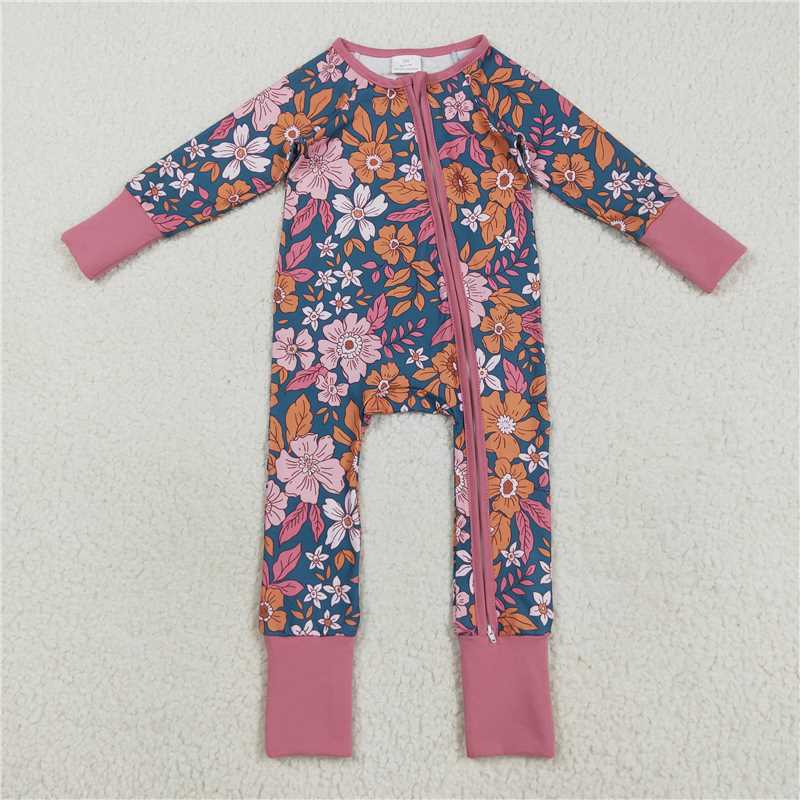 8.7 LR2244 Pink and green floral and leafy long-sleeved zip-up bodysuit