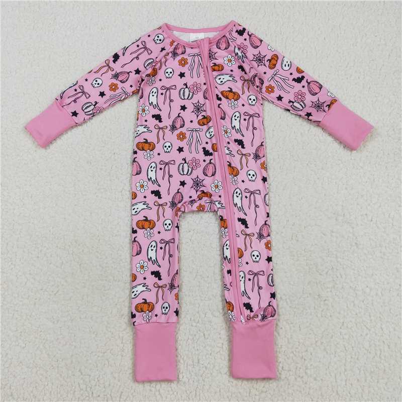 8.7 LR2405 Pink long-sleeved zip-up bodysuit with Halloween spooky pumpkin and bow pattern