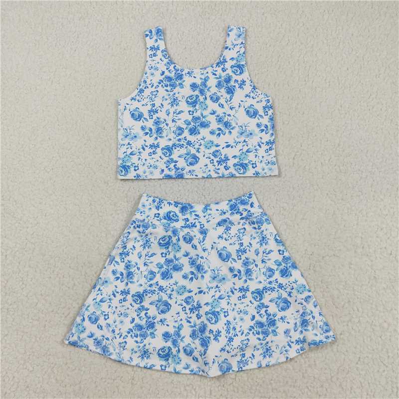 8.8 GSD2787 Blue floral sleeveless white culottes yoga set